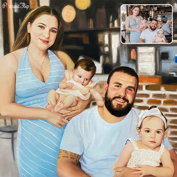Acrylic painting of a woman holding a baby with a man holding another baby in his arm